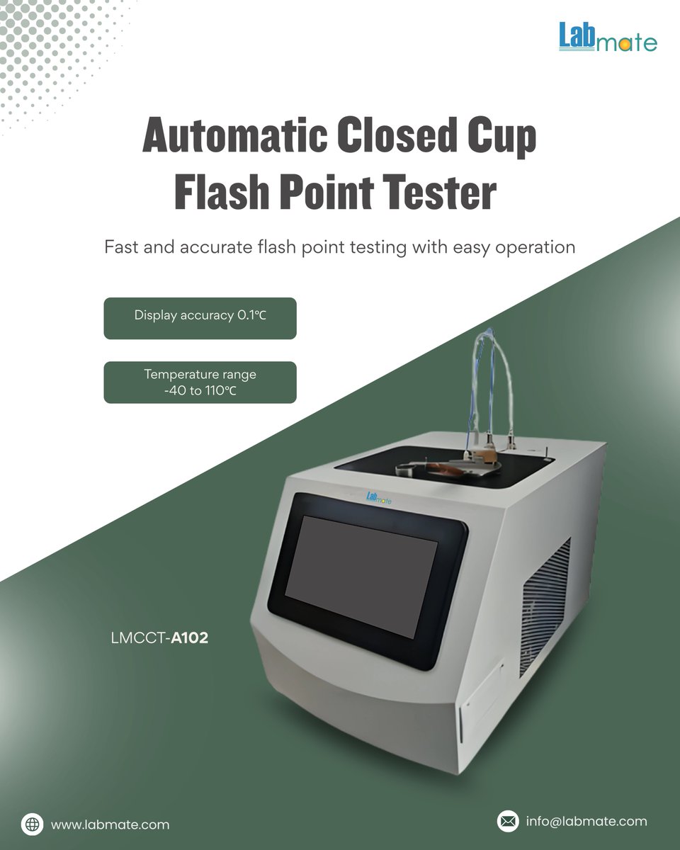 labmateINC's tweet photo. Automatic Closed Cup Flash Point Tester LMCCT-A102 provides accurate flash point determination within a temperature range of 40 to 110ºC. 

info@labmate.com

Learn More: https://t.co/I5764yzl2j

#Labmate #LabEquipment #SafetyTesting #FuelTesting #IndustrialLab https://t.co/EdtrIyrYjy