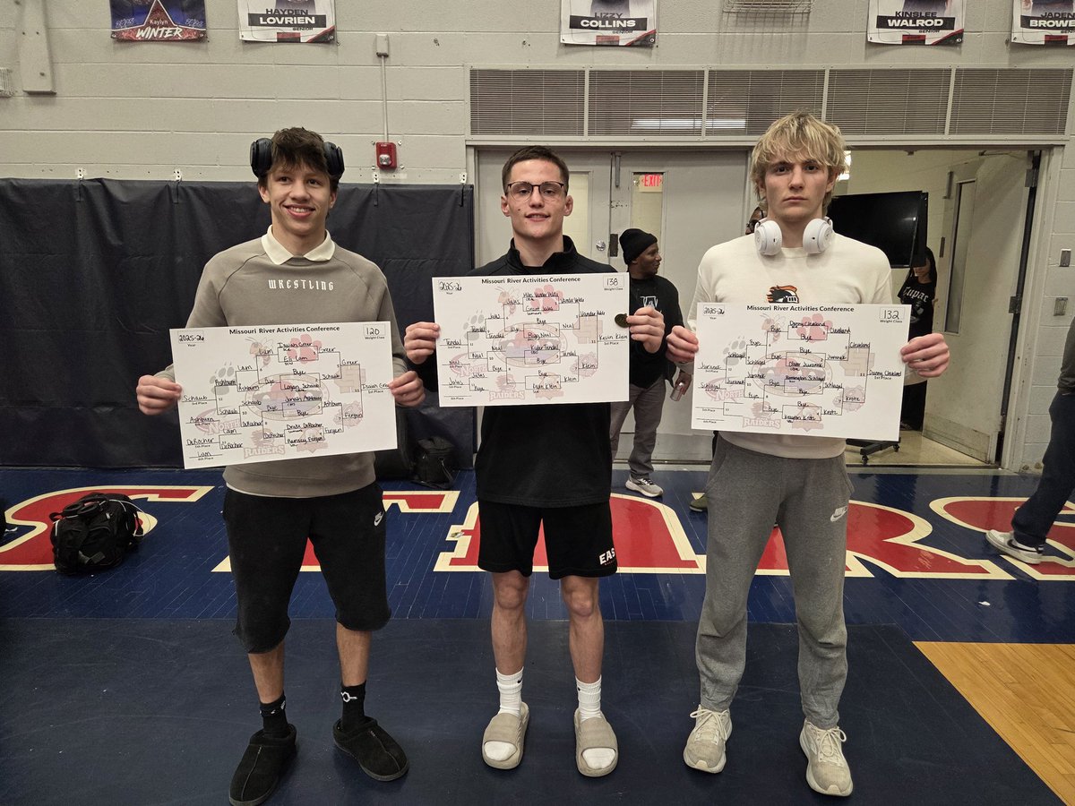 EHSRaidersWrest's tweet photo. It was a battle on the mats tonight, and the Black Raiders showed the MRAC exactly what they’re made of. The team secured a 3rd place finish in the conference!
Conference Champions:
Isaiah Greer, Danny Cleveland, and Kevin Klein.
3rd place finishers: Divine Adams, Jack Ryan https://t.co/uoBwbj6nfq