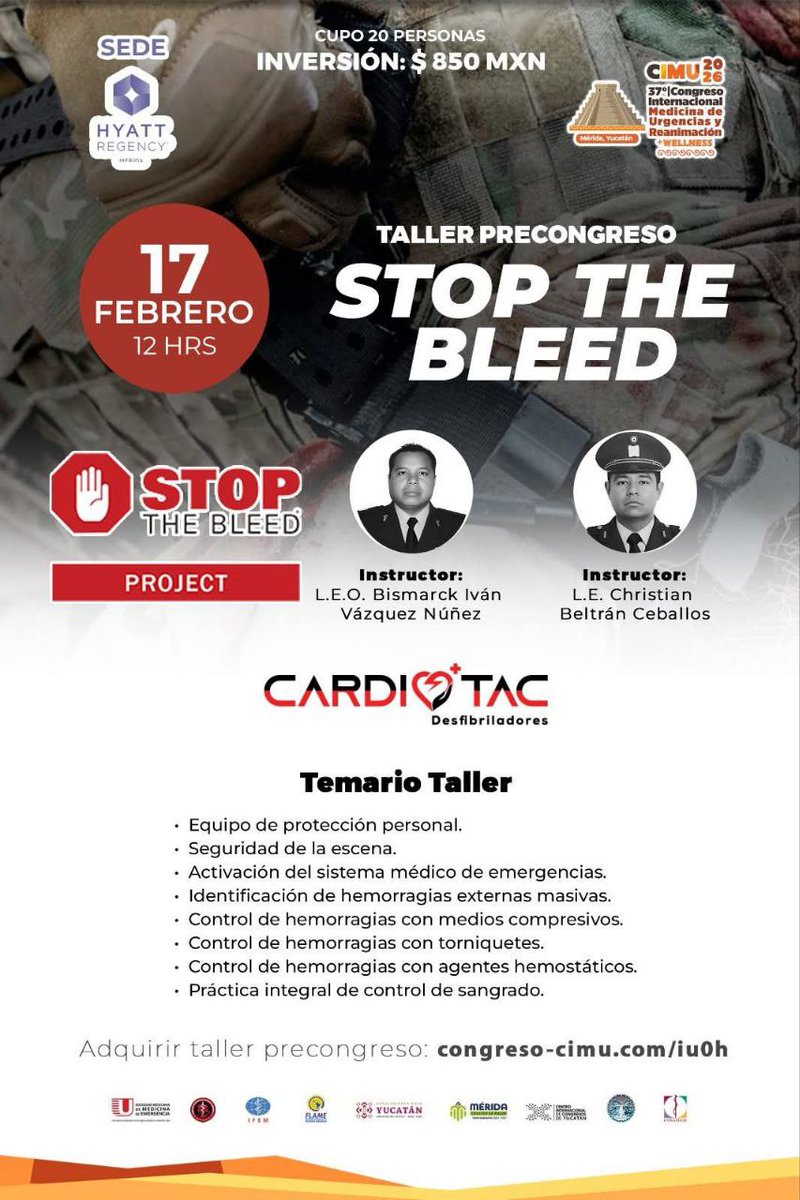 cardiotacol's tweet photo. 🩸 Cardiotac presente en CIMU 37
Nuestro CEO Bismark Vázquez será instructor en el
Taller Precongreso “STOP THE BLEED”, una capacitación clave para el control de hemorragias y la respuesta ante emergencias.
📍 17 de febrero🔗 Inscripciones: https://t.co/Xagf5yfaY7 https://t.co/3hSgse1ZYz