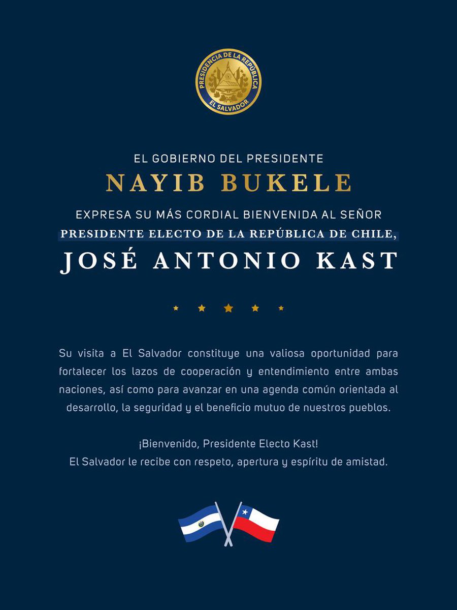PresidenciaSV's tweet image. Le damos la bienvenida a El Salvador al Presidente Electo de Chile, @joseantoniokast. 

🇸🇻🤝🏻🇨🇱