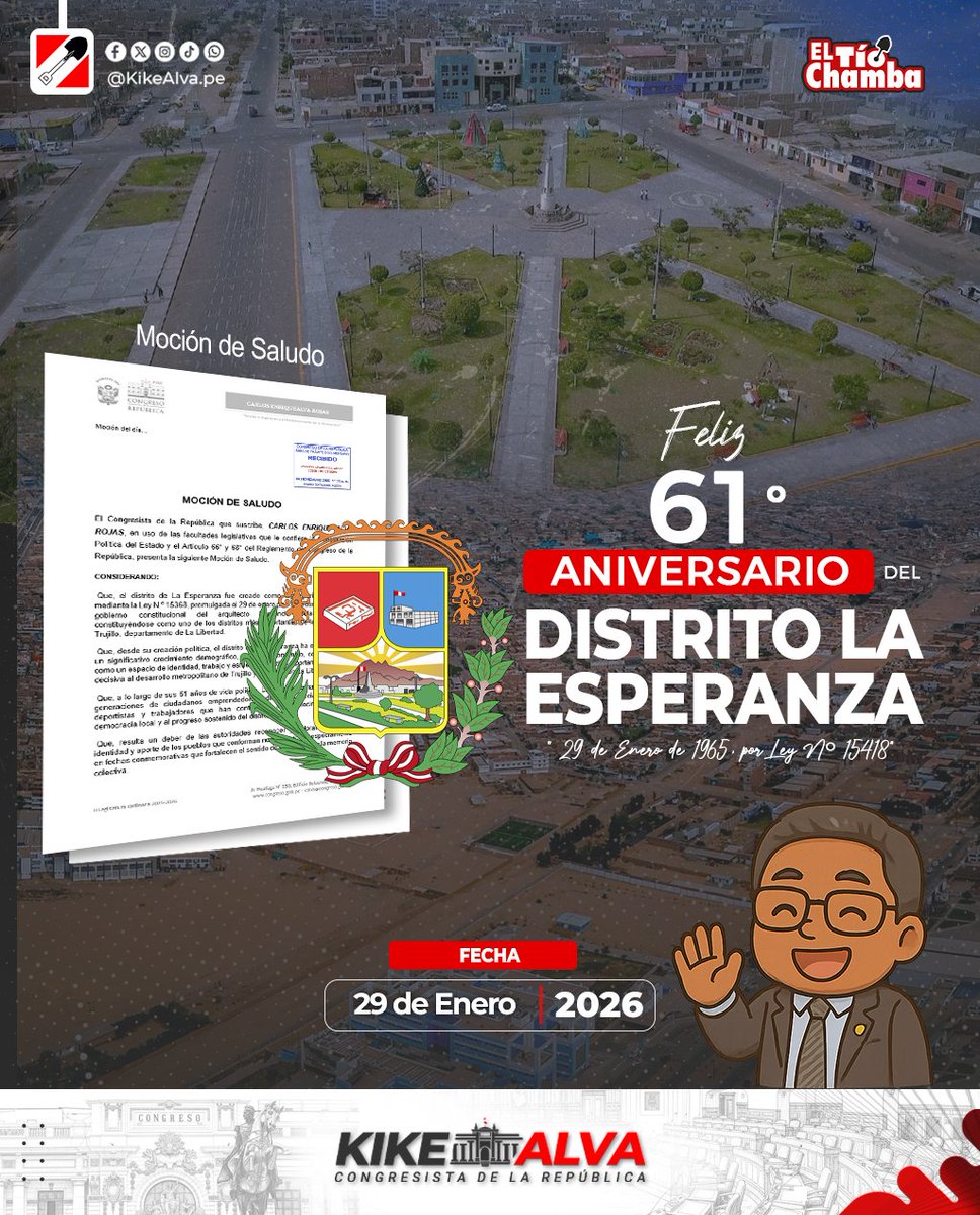 Antes de cerrar el día, envío un cálido saludo al distrito de La Esperanza por sus 61° aniversario de creación política. ¡Historia, identidad y futuro que nos une!

#AniversarioDelDistritodeLaEsperanza #KikeAlva #KikeAlvaCongresista #Mociondesaludo #LaEsperanza