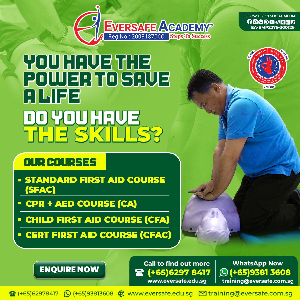 Master life-saving skills with Eversafe Academy

#FirstAidTraining #CPR #AED #WorkplaceSafety #WSHSingapore #CERT #ChildFirstAid #SaveALife #LifeSkills #SafetyFirst #SingaporeParents #EversafeAcademy #StepsToSuccess #FirstAidSG