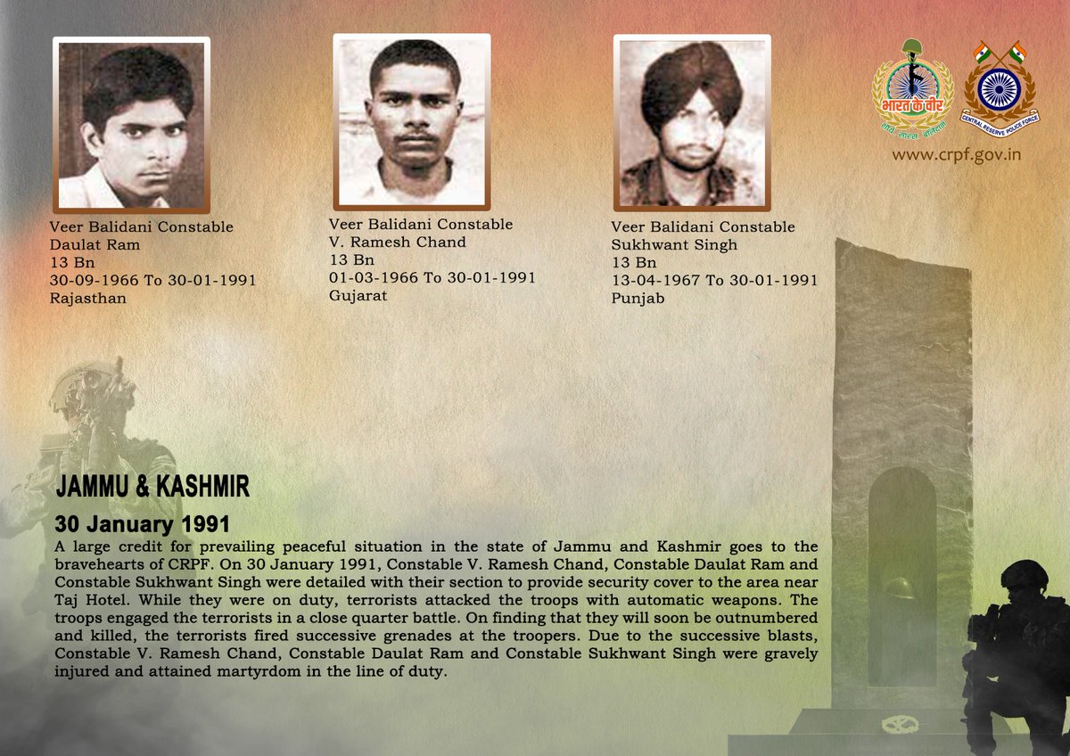 वीर बलिदानियों को श्रद्धांजलि!

30 जनवरी 1991 को श्रीनगर, जम्मू-कश्मीर में 13 बटालियन #CRPF के Ct/GD वी. रमेश चंद, Ct/GD दौलत राम एवं Ct/GD सुखवंत सिंह ताज होटल के पास के क्षेत्र में सुरक्षा ड्यूटी पर तैनात थे। आतंकवादियों ने स्वचालित हथियारों व ग्रेनेड से जवानों पर हमला किया।