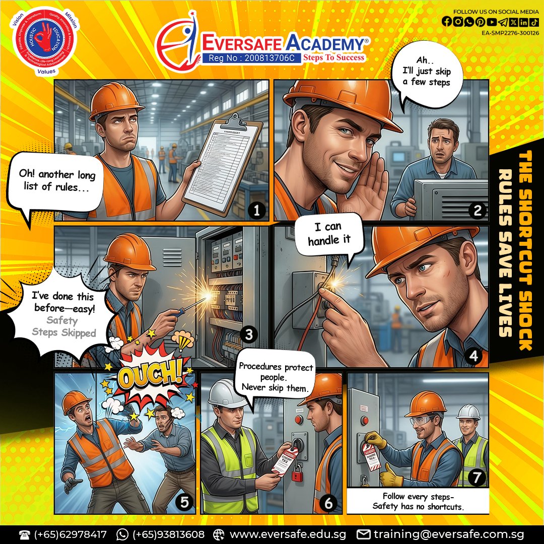 Workplace Safety Training: The Shortcut Shock Comic | Eversafe Academy Singapore
#WorkplaceSafety #SafetyFirst #EversafeAcademy #IndustrialSafety #ElectricalSafety #SafetyTraining #SingaporeSafety #RulesSaveLives #SafetyAwareness #NoShortcuts