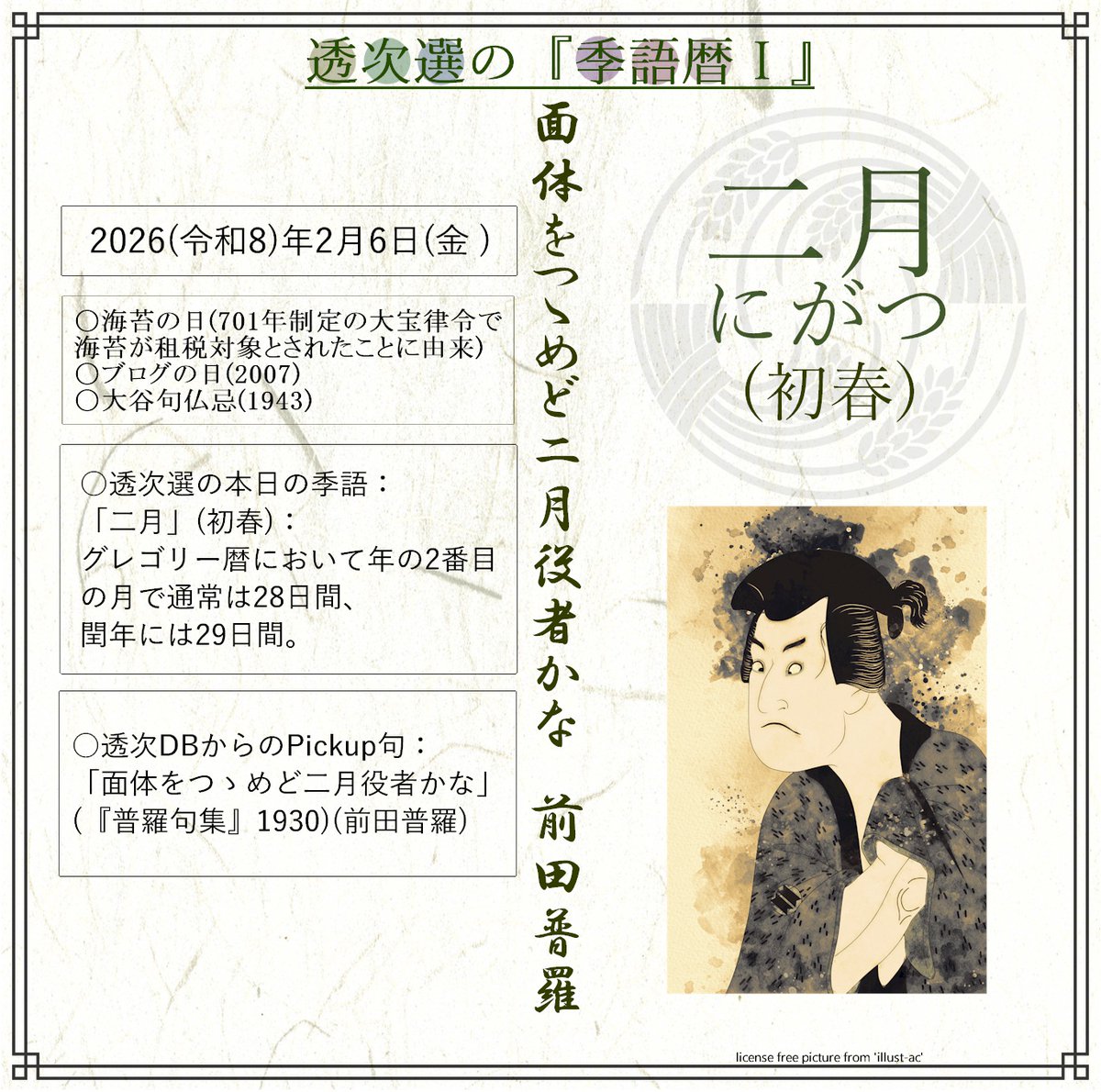 透次選の季語暦Ⅰ》 2026(令和8)年2月6日〈金曜〉 ○大谷句仏忌(1943