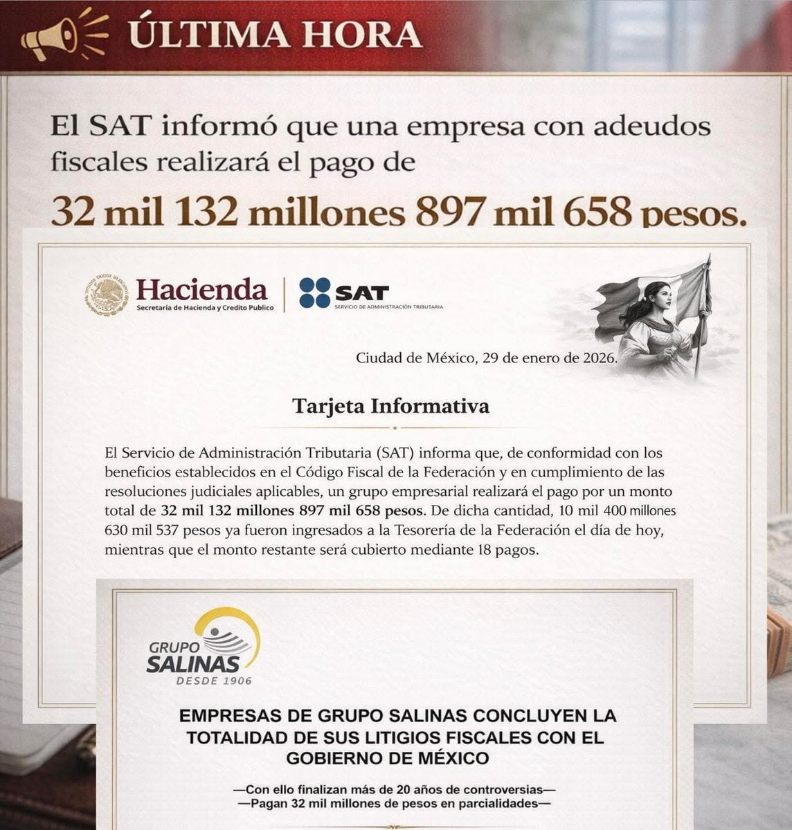 Oye <a href="/RicardoBSalinas/">Don Ricardo Salinas Pliego</a> en tu medio <a href="/Azteca/">TV Azteca</a> dicen que ya liquidaste la deuda ante el #SAT, pero apenas y diste el primer pago. Faltan 18 abonos chiquitos.
¿Qué pasó ahi?