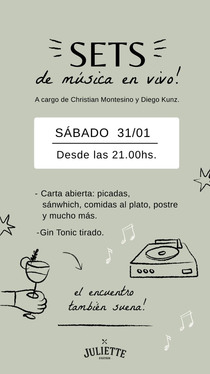 DiegoKunz's tweet photo. 🎵 SONUS Live (Christian Montesino + Diego Kunz)

Este sábado 31/01 desde las 21 hs nos encontramos para compartir una noche con mucha música, algo rico para comer y unos buenos gin 

Porque cuando nos juntamos... el encuentro también suena ✨️

📍Juliette https://t.co/an0aCwG8uP