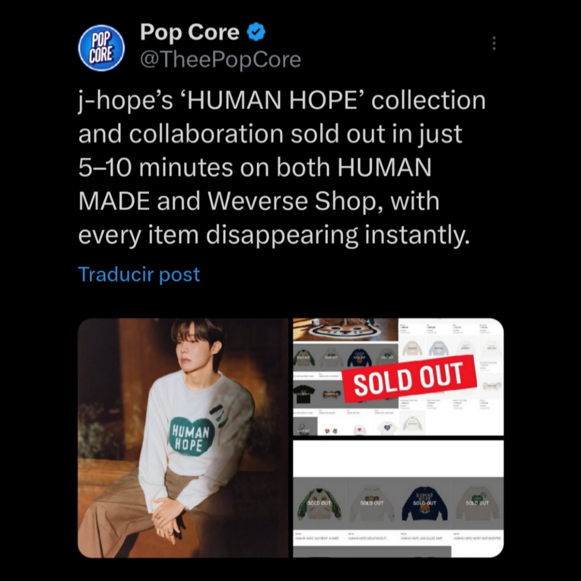 Ahora resulta que Hsk usó a Th y
Jk para promocionar su colección? Dejen de ser subnormales, Human Hope hizo SOLD OUT el 21/11, las prendas más caras se agotaron
en solo 2 minutos y el resto entre
5 y 10 minutos, tanto en Weverse como en la página de Human
Made. ÉL LO LOGRÓ SOLO!