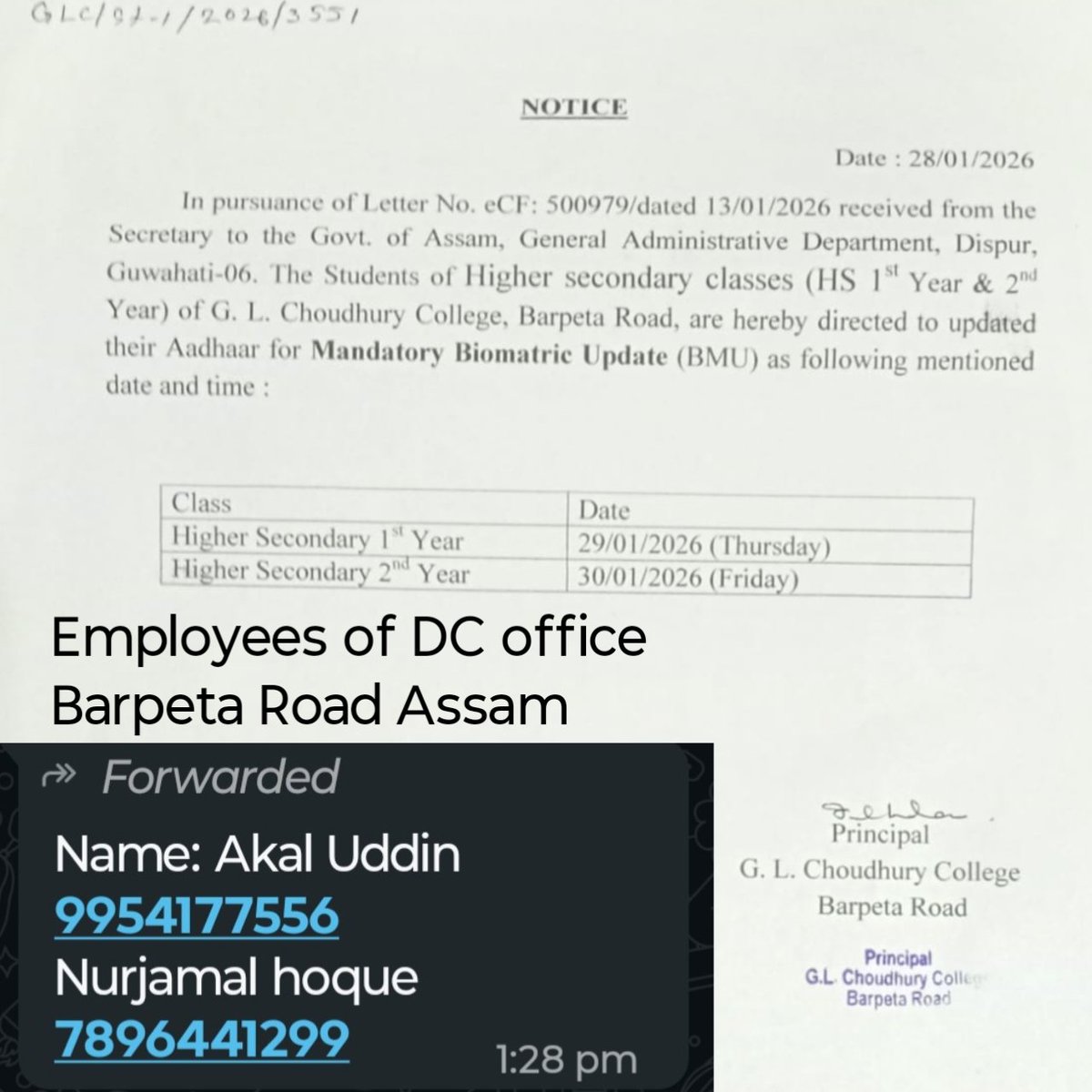 V71468645's tweet photo. As per @ceo_uidai @UIDAIGuwahati students (5-17) @UIDAI MBU are #FREE_OF_COST till sep 30, 2026. But in G.L.C. College, Barpeta Road Akaluddin &amp; Noorjamal_Hoque of @dcbarpeta_ are #illegally_charging ₹125 to students‼️@Barpeta_Police @DGPAssamPolice @assampolice @CMOfficeAssam https://t.co/M8xr1W8fO7