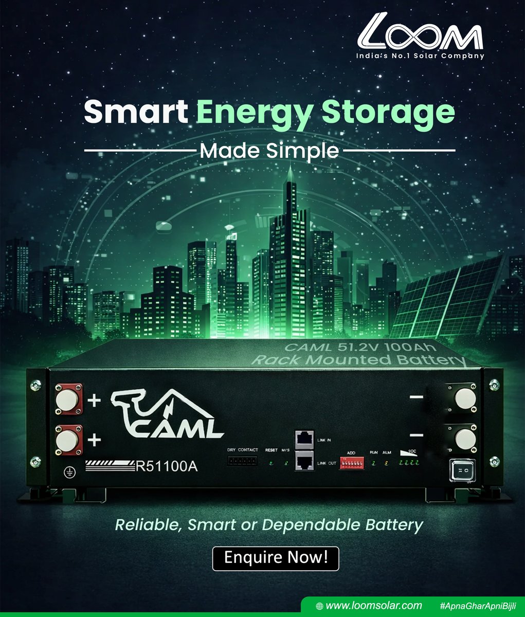 Smart energy storage made simple ⚡
CAML 51.2V 100Ah Lithium Battery delivers reliable backup, stable performance &amp; long life—perfect for solar and hybrid systems 🔋
Power smarter. Store better.

📞 8750778800 | 🌐 loomsolar.com

#LithiumBattery #EnergyStorage