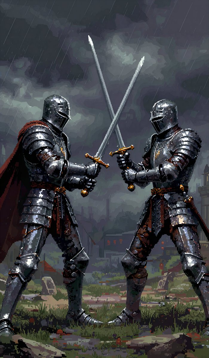 Kingrodism's tweet photo. Epic medieval pixel art drop: Knights clash ⚔️, Wizard spells 🧙‍♂️, Dragon fire 🐉, Plague doctor fog 😷 – Desimulate Modern Hi-Bit style! By @kingrodism #PixelArt #AIPixelArt #MedievalFantasy #KnightBattle #WizardMagic #DragonArt #PlagueDoctor https://t.co/tU83CNYtEK