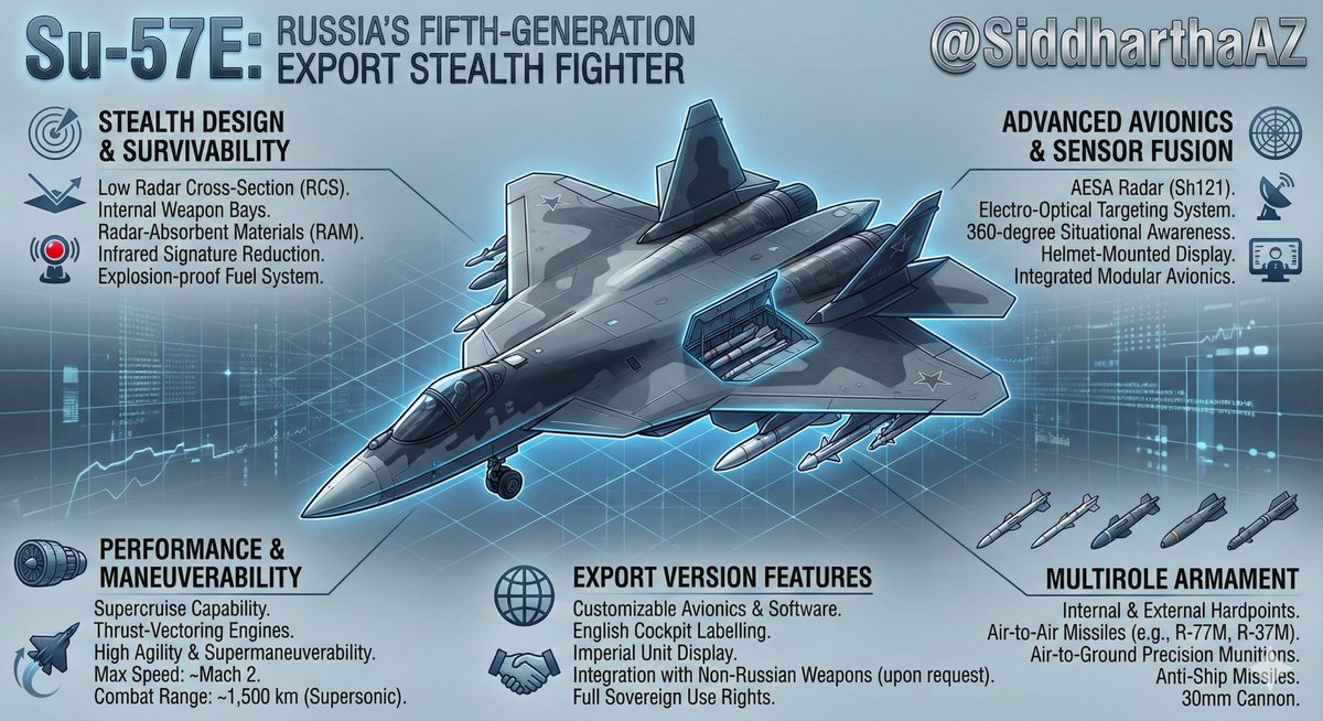 <a href="/beatsinbrief/">Beats in Brief 🗞️</a> The Su-57E is the export version of Russia’s 5th-generation stealth fighter. 
It features thrust-vectoring engines for super-maneuverability, internal weapon bays for a low radar cross-section, and a multi-role Sh121 AESA radar system.

• Top Speed: ~Mach 2
• Role: Multirole