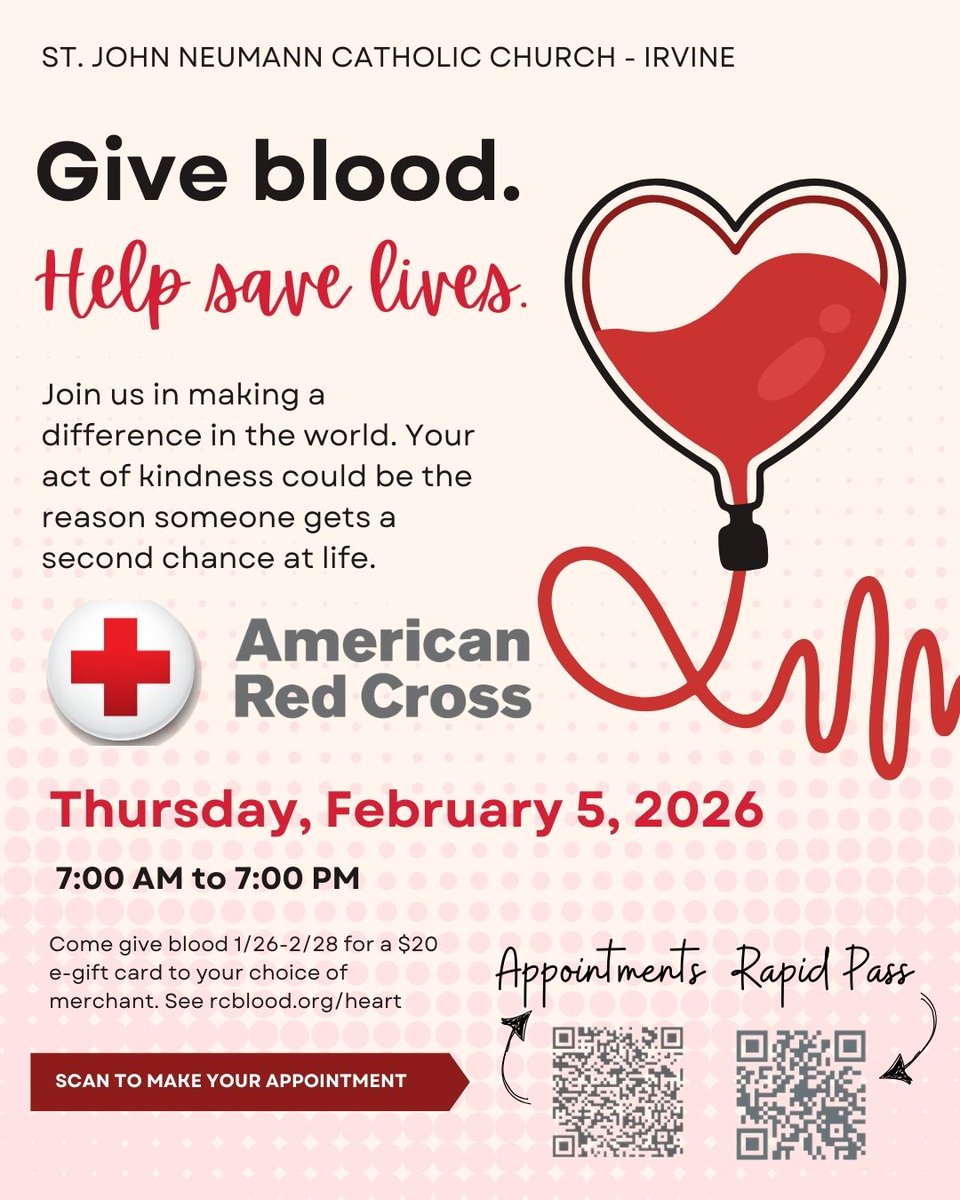 sjnirvine's tweet image. Sign up for our next Blood Drive, Thursday, February 5th from 7AM to 7PM in the hall! Your donation can help save lives in our community.   Sign-up after all Masses this weekend or online (link in bio) or scan QR code. Thank you for your generosity and for helping us save lives!
