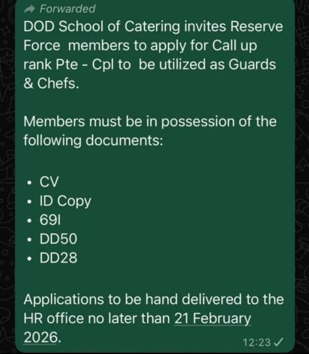 JahMiker's tweet photo. DOD School of Catering invites Reserve Force  members to apply for Call up rank Pte - Cpl to  be utilized as Guards &amp; Chefs.
Members must be in possession of the following documents:
- CV
- ID Copy
- 69I
- DD50
- DD28
Applications to be hand delivered to the HR office https://t.co/hLVFe9f4l4