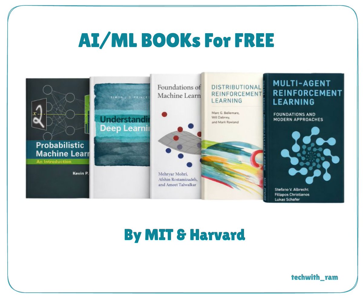 Some of the FREE e-books by MIT and Harvard.

- Probabilistic Machine Learning: probml.github.io/pml-book/book1…

- Understanding Deep Learning
udlbook.github.io/udlbook/

- Machine Learning System
mlsysbook.ai/book/

- Foundations of Machine Learning
cs.nyu.edu/~mohri/mlbook/

-