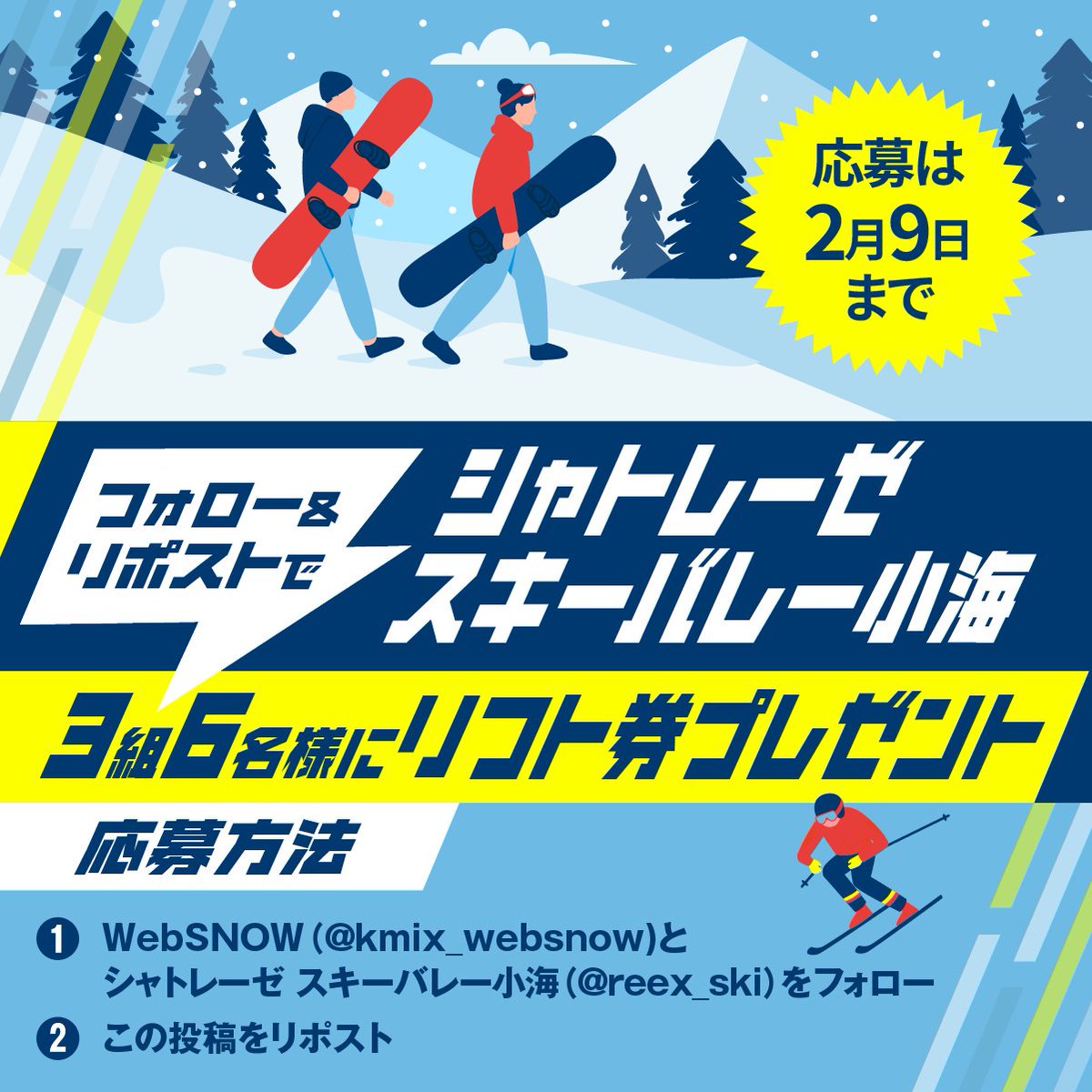 kmix_websnow's tweet image. #シャトレーゼスキーバレー小海 のリフト券を
抽選で３組６名様に プレゼント！

▼応募方法
①このアカウント @kmix_websnow をフォロー　と
②シャトレーゼスキーバレー小海の
　アカウント @reex_ski をフォロー
③この投稿をリポスト
応募は～2/9まで  

#websnow #kmix #スキー