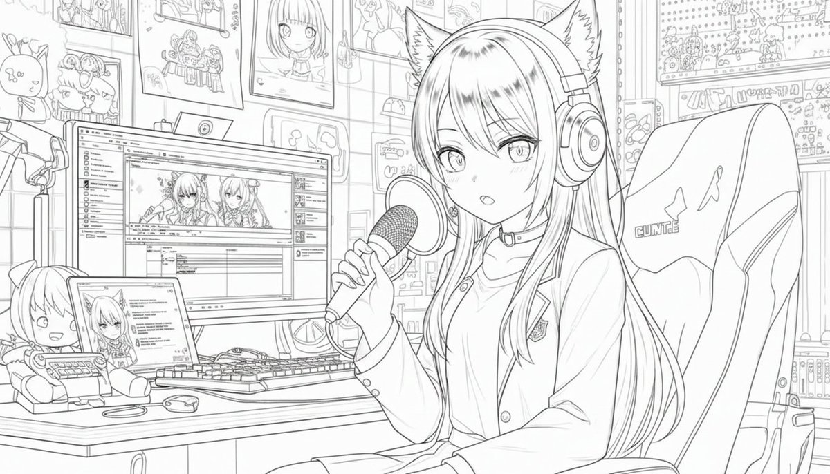emma_arber's tweet photo. Finally finished the lineart of my chaotic little gaming cave🐾🐾 Headphones on, waifus on screen and zero regrets.... Who's raiding my stream later? 🐱❤️ #VTuber #ENVtuber #VTuberUprising #VTuberArt https://t.co/B4stOHbI1t