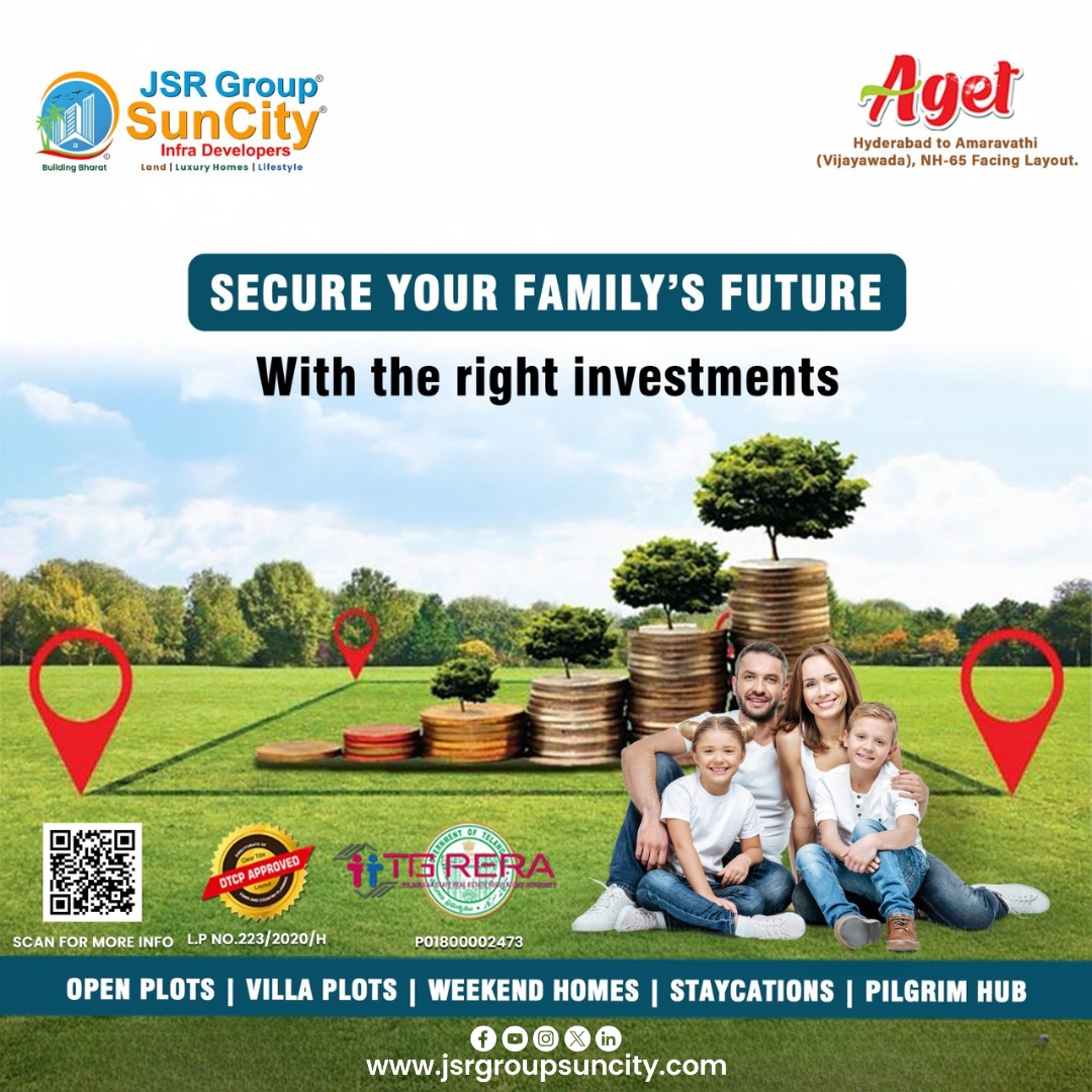 jsrgroup2's tweet image. Secure today what matters most tomorrow 🌱Aget Venture by JSR Group Suncity on Hyderabad–Vijayawada NH-65 offers DTCP &amp;amp; TS RERA-approved open &amp;amp; villa plots with excellent connectivity, green planning, and strong appreciation—ideal for families and smart investors. #NH65 #Plots