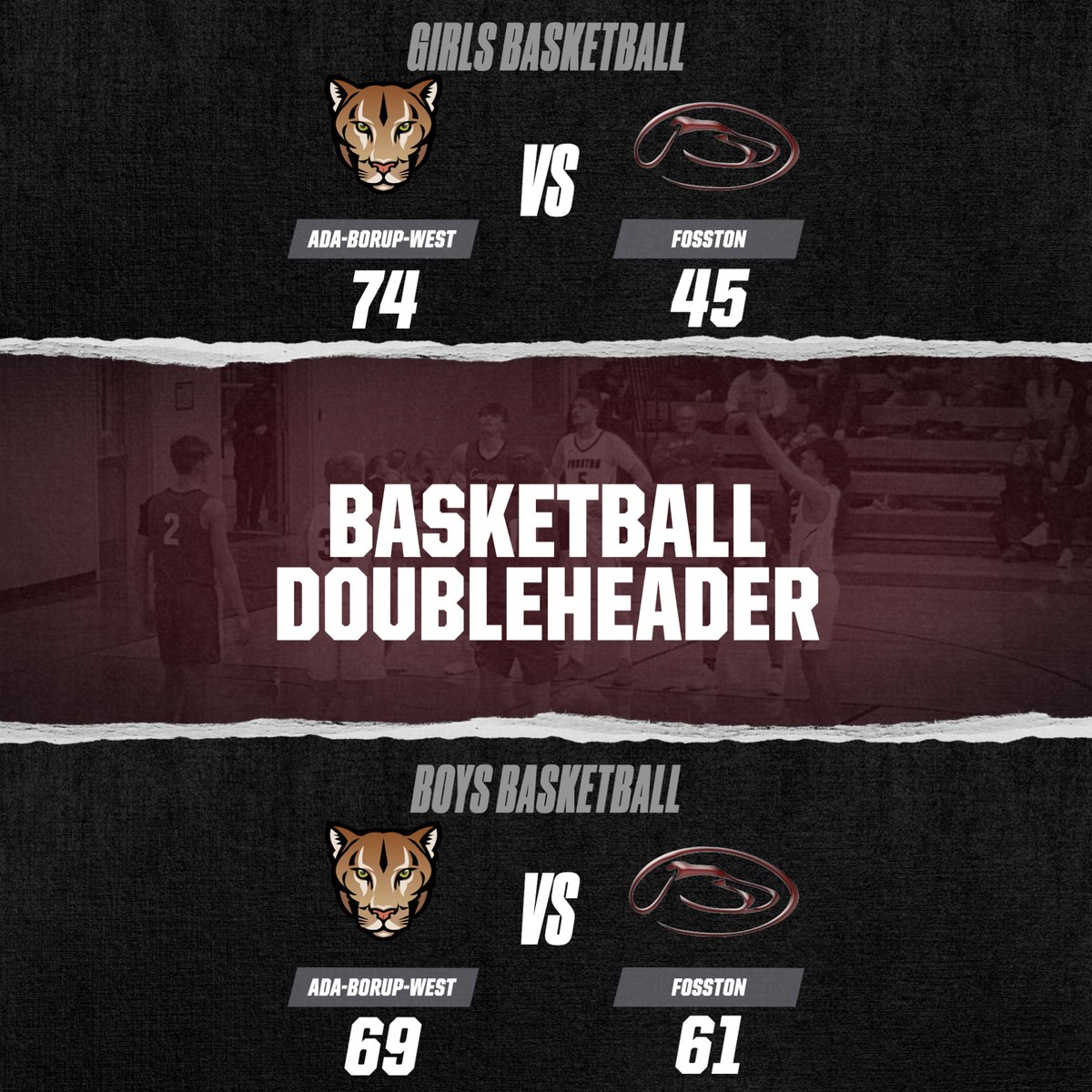 The Greyhound boys and girls basketball teams traveled to Ada tonight for a doubleheader against the Ada-Borup-West Cougars.  The girls lost 74-45 will host the Win-E-Mac on Monday.  The boys lost 69-61, they'll head to Crookston on Monday to take on the Pirates🏀#FosstonStrong