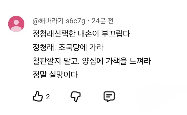 요새 유툽 댓글에 정청래 뽑고 후회한다는 사람 한트럭임....