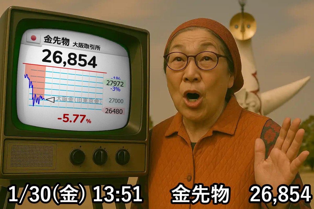 ⤵⤵⤵⤵⤵ 【🇯🇵金先物 大阪取引所】-5.77％ 26,854 #経済 #金 #国際 #アメリカ ※金｛ゴールド｝先物が安い。残るは原油先物 ｛ゴールド先物の約17倍の名目規模｝次第か。 避ける