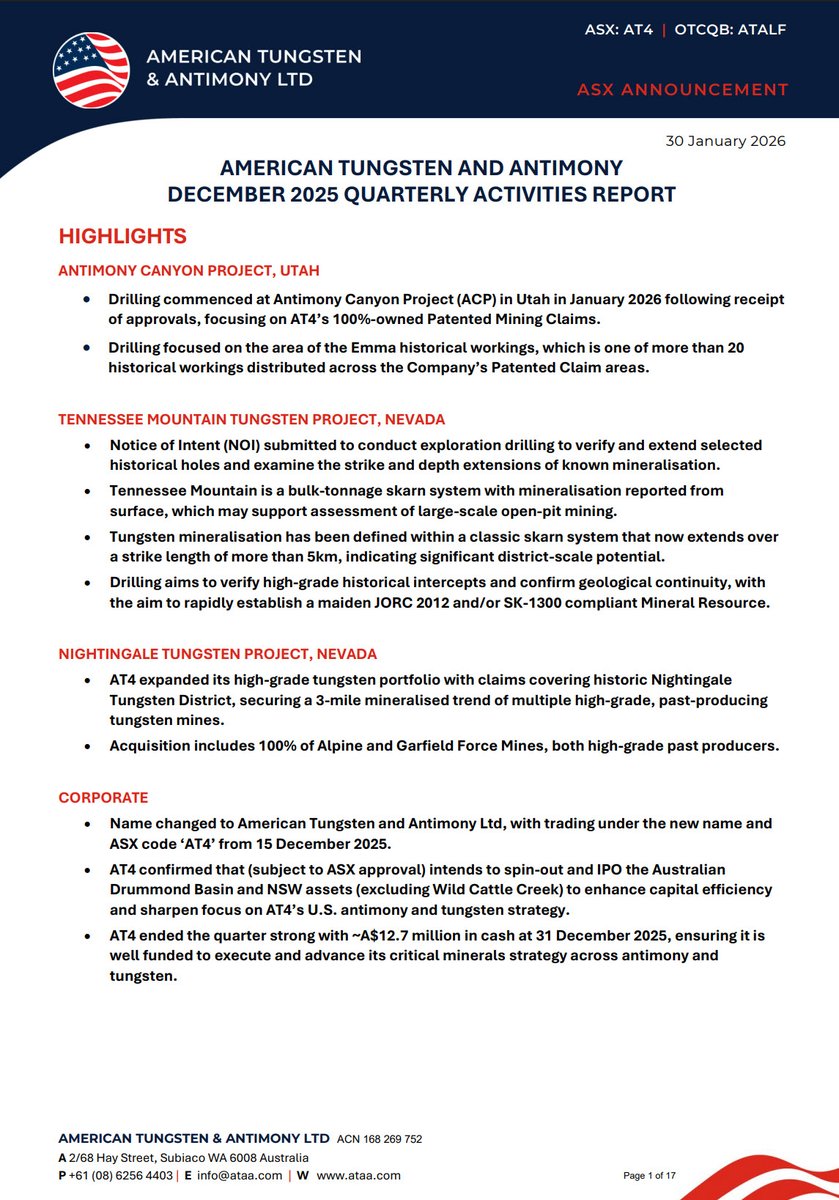 ATAA_AT4's tweet image. Our Quarterly Activities Report for the period ending 31 December 2025 has been released.

View the full report: wcsecure.weblink.com.au/pdf/AT4/030512…

$ATALF #AT4 #ATAA #ASXNews #Antimony #Tungsten