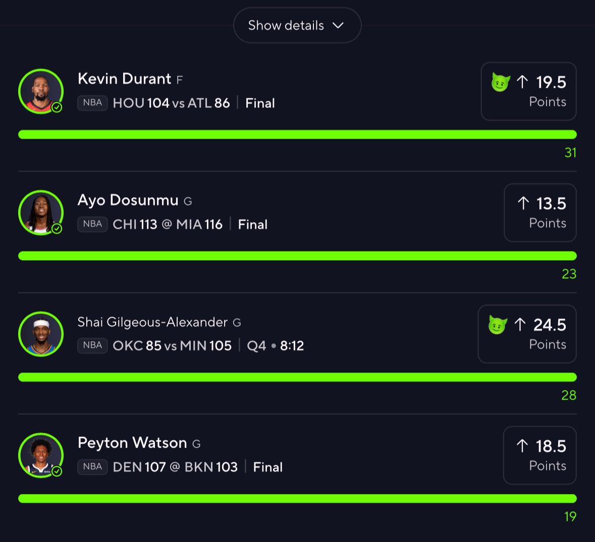 PrizePicksValue's tweet photo. $50 to someone who LIKES ⬇️💚

NBA 4-PICK CLEAN SWEEP!! 🧹🧹

Kevin Durant 20+ Points ✅
Ayo Dosunmu O13.5 Points ✅
SGA 25+ Points ✅
Peyton Watson O18.5 Points ✅

#PrizePicks | #GamblingX https://t.co/Pyzc9Q3w9g