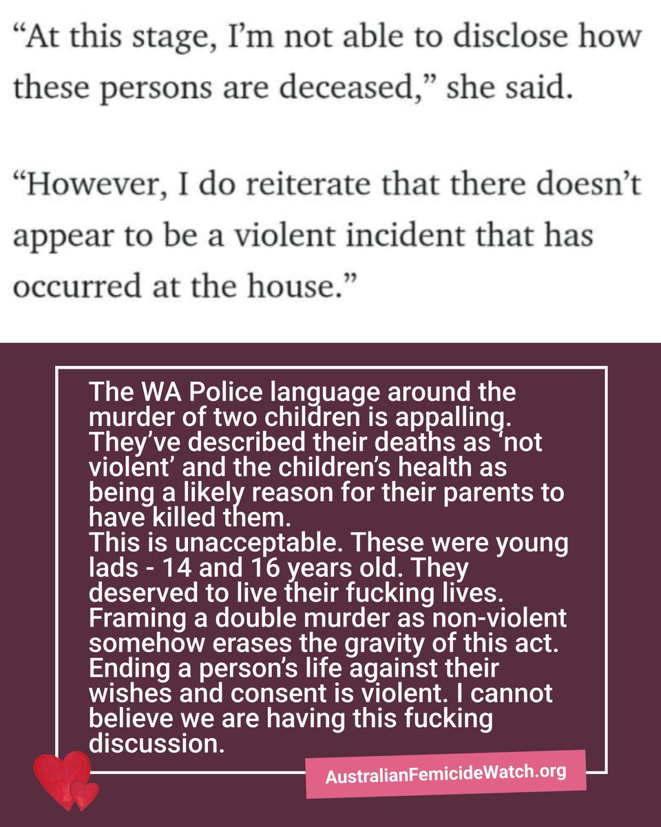 The WA Police language around the murder of two children in Mosman Park, Western Australia, is appalling. They’ve described their deaths as ‘not violent’ and the children’s health as being a likely reason for their parents to have killed them.
This is unacceptable. These were