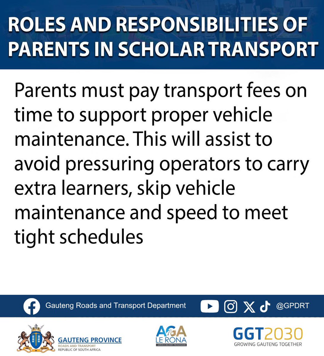 GPDRT_'s tweet photo. Scholar transport safety | ROLES AND RESPONSIBILITIES OF PARENTS IN SCHOLAR TRANSPORT 

#scholartransport #itstartswithyou #roadsafety #EThomaKaWena #GPBacktoSchool #Back2School #gauteng https://t.co/zcF2C9Y6aU