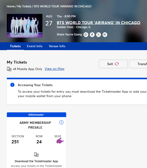 MahimaSaman's tweet photo. WTS #BTS_WORLDTOUR #ARIRANG 
Chicago show:  Aug 27  for face value for fellow army in need 💜
Sec 251, Row 24
Price: $291.56 (including insurance &amp; Goods and services fee) FV 

Will directly transfer to your name using TM 
@875tickets https://t.co/8LYNYa8lox