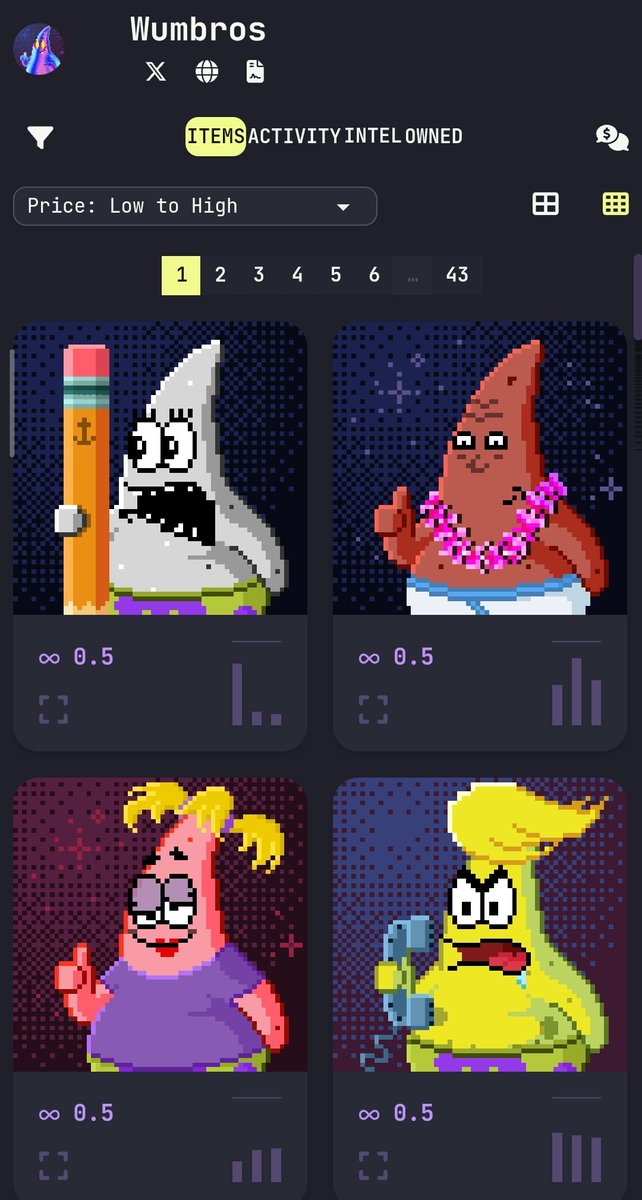 4 of the cool patrick pixelated NFT art on $ICP called Wumbros <a href="/WumbrosArmy/">Wumbros HQ</a> is currently sitting at floor price of only 0.5 ICP 🤯♾️

Go grab one of it today, And be a part of wumbros 🌟
W for Win for Wumbo 😎
Link to buy 🏷️:
dgdg.app/nfts/collectio…
$WUMBRO