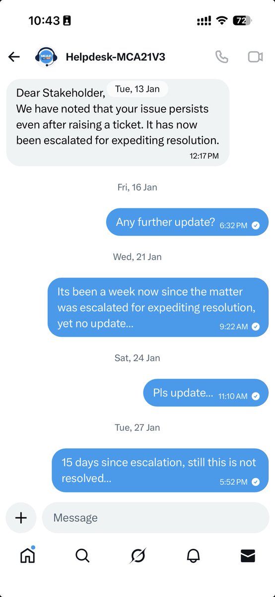 First of all, the ⁦<a href="/HelpdeskMCA21V3/">Helpdesk-MCA21V3</a>⁩ ask to communicate through DM to save it’s face, then they even not replying as well on DM, this matter is pending for long time.<a href="/MCA21India/">Ministry of Corporate Affairs</a>⁩ ⁦<a href="/nsitharaman/">Nirmala Sitharaman</a>⁩ ⁦<a href="/nsitharamanoffc/">Nirmala Sitharaman Office</a>⁩ ⁦<a href="/ianuragthakur/">Anurag Thakur</a>⁩ ⁦<a href="/narendramodi/">Narendra Modi</a>⁩