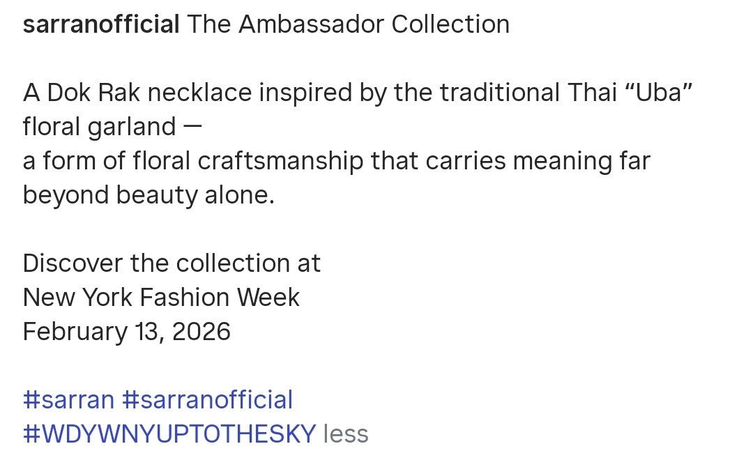 และคาดว่าไลน์เครื่องประดับทั้งหมดในแคมเปญน่าจะมาจากแบรนด์ SARRAN ทั้งหมดนะคะ จากที่ตอนนี้เห็นเริ่มโปรโมทออกมาแล้ว โดยใช้ชื่อคอลเลคชั่นว่า The Ambassador Collection

และทางแบรนด์จะนำไปเปิดตัวที่ New York Fashion Week วันที่ 13 กุมภาพันธ์นี้ค่ะ

นี่เรียกว่าสนับสนุนแบรนด์ไทยได้ยังนะ