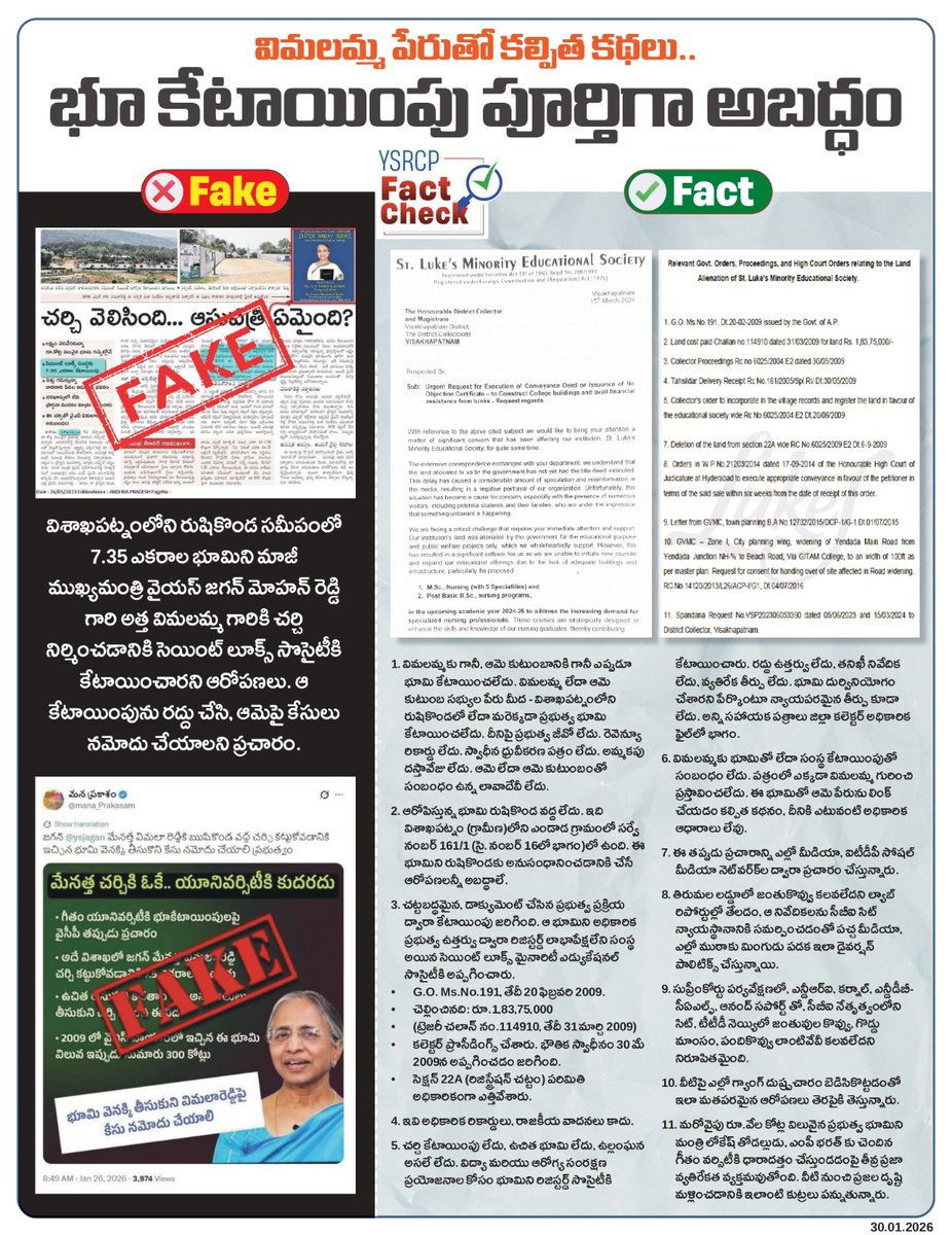 YSRCPFactCheck's tweet image. Fake News Alert 🚨

విమలమ్మగారి పేరుతో కల్పిత కథలు... భూ కేటాయింపు పూర్తిగా అబద్ధం

Ban Yellow Media, Save AP.

#YSRCPFactCheck