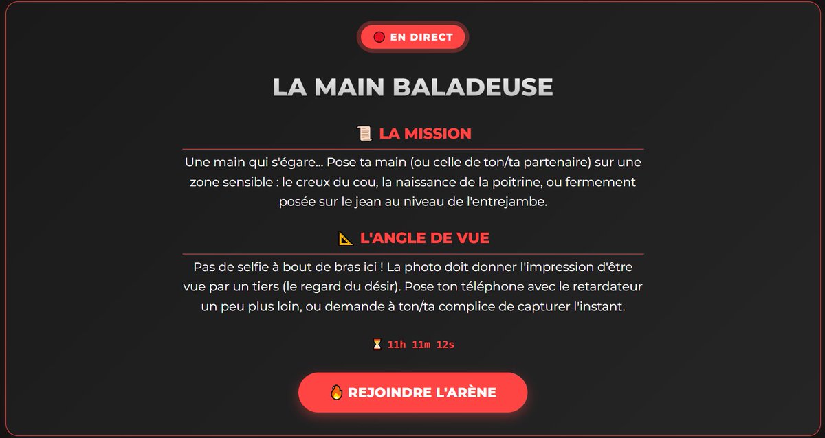Le défi du jour ? Simple à réaliser, mais dur à maîtriser ! 😉 Je vous attends de pied ferme... tout comme <a href="/ki13slave/">ki13slave</a>, <a href="/Duke_y_Luna/">Duke&Luna</a> et <a href="/juju8720yq05/">Julie Julie 2</a> d'ailleurs ! À vous de jouer ! 📸🔥