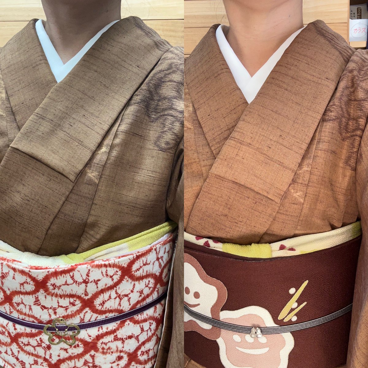 同じ着物、帯だけ替えてみました。
合わせる帯で表情が変わる。
それが着物の面白いところですよね。どちらがお好きですか？

#帯替えコーデ #着物コーデ #手描友禅 #そめもよう #きもののある暮らし