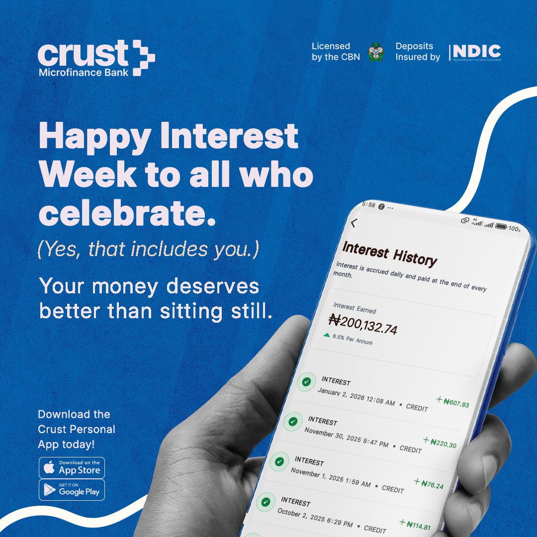 crustmfb's tweet image. Who doesn’t love that sweet interest feeling? 
Watching your money grow without doing anything extra just hits different.

With Crust Personal, your savings can earn up to 24% interest per annum.
Save smart. Earn better.

#HappyInterestWeek #CrustPersonal #SaveAndEarn