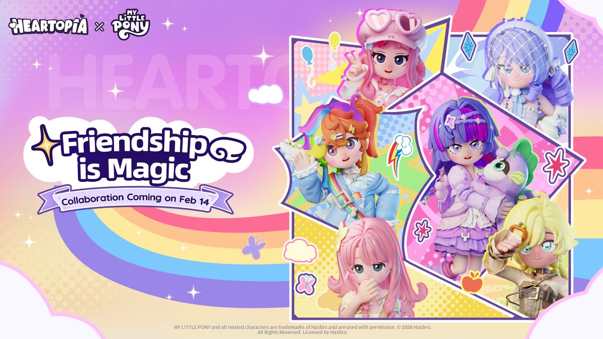 My Little Pony Collaboration Date Locked! 🦄

Heartopia × My Little Pony Collaboration will start on Feb 14. Wield Elements of Harmony and awaken the Tree of Harmony!
Collaboration Speciality Exhibition, Tree of Harmony Awakening and other limited events and items will be