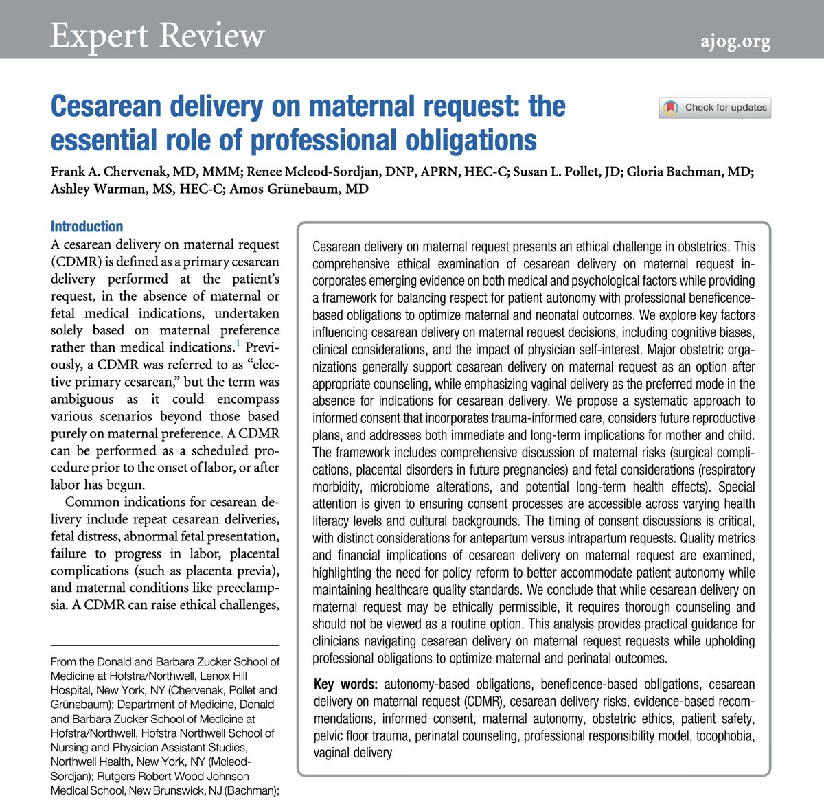 AJOG Expert Review in Cesarean: Cesarean delivery on maternal request: the essential role of professional obligations ow.ly/N6Ce50Y5VWX