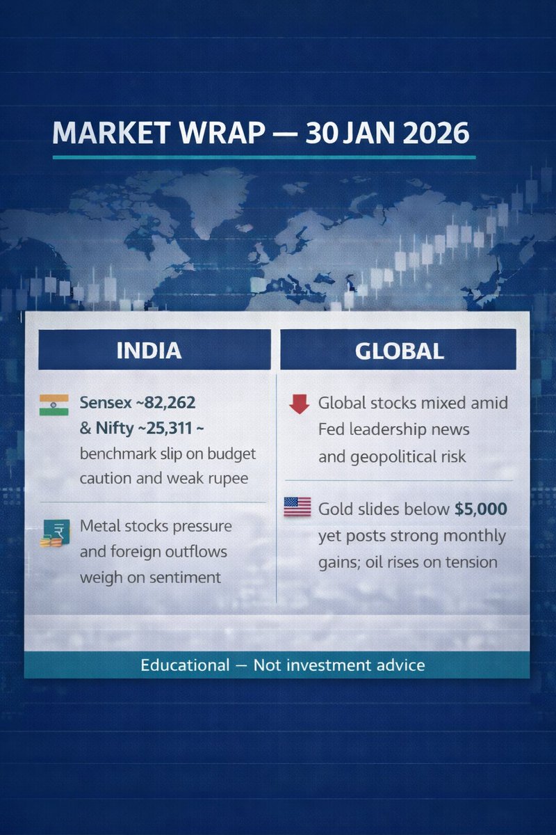 TradeVisto's tweet photo. 30 Jan 2026: Sensex ~82,262 &amp; Nifty ~25,311 as markets slip on budget caution, weak rupee &amp; metal stock weakness. Global markets mixed amid Fed leadership news and geopolitical risks. #MarketWrap #Sensex #Nifty #India #GlobalMarkets #Fed - Thoughts? https://t.co/WXZIewgzI6