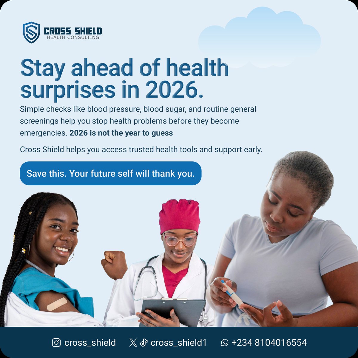 2026 is NOT the year to guess when it comes to your health 🙅🏾‍♀️✨
A quick blood sugar test or general screening can give you the numbers you need to take charge of your life. 💪
Let’s stay ahead of surprises—reach out today! 🛡️
#CrossShield #Wellness2026 #PreventativeCare