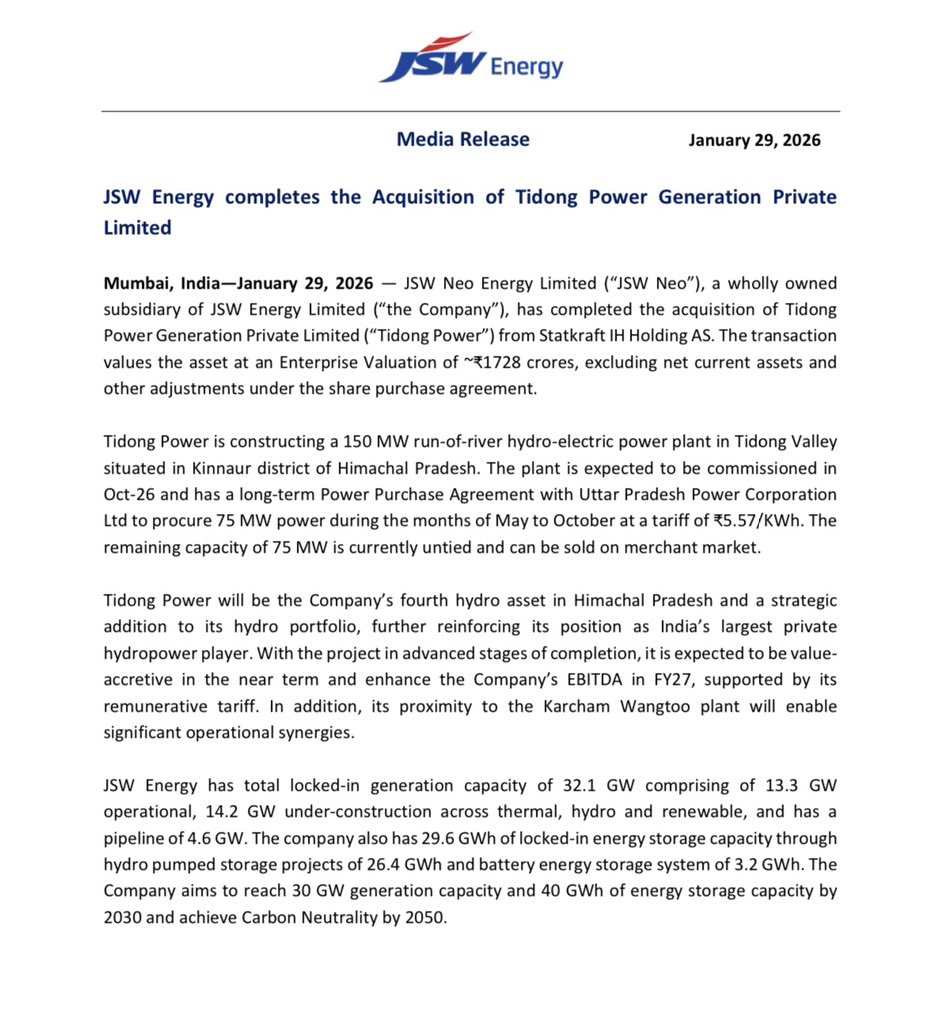 JSW Energy Acquires 150 MW Tidong Hydropower Project in Himachal Pradesh
#Hydropower #Hydroenergy #cleanenergy #jswenergy