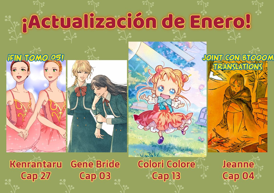 ¡Actualización de Enero!

¡Nuevo capítulo de Kenrantaru donde acabamos el tomo 05 con unos hermosos coloreados de #Yaone, continuamos con Gene Bride, Colori regresa y seguimos con Jeanne junto a <a href="/BtooomT/">Btooom Translations</a> !

Web: amefansub.tumblr.com
TMO: zonatmo.com/groups/34/ame-…