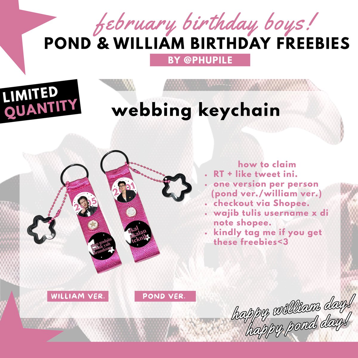 phupile's tweet image. ✪ POND &amp;amp; WILLIAM BIRTHDAY ONLINE FREEBIES ✪
&amp;lt; Feb 1st, 2001 &amp;amp; Feb 14th, 2005&amp;gt; ᝰ.ᐟ 
— by @phupile 

how to claim?
✮ claim 2.2 (19.30) 
✮ set 5.000 &amp;lt;no refund&amp;gt;
✮ link🍊: tba

drop your @ if u want to be tagged! 

#ppnaravit #williamjkp