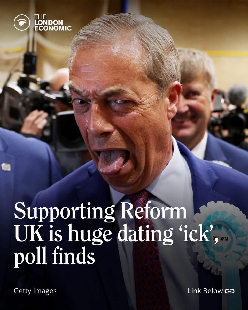 daniellismore's tweet image. Almost three-quarters of Brits say supporting Reform is an instant ick.

Not a red flag.
A flashing warning siren with a voice saying do not reply. 🚨👀

Turns out nothing kills the vibe faster than “I vote Reform.”
