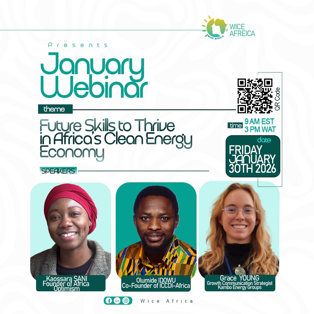 OlumideIDOWU's tweet photo. To succeed in the clean energy transition, Africa must invest equally in people and skills, not only in infrastructure.

Today, I will be speaking at Women in Clean Energy Africa (WICE Africa), where I will share insights from my work with @ClimateWed on critical climate skills, capacity gaps, pathways to gaining hands-on experience, and underexplored job opportunities in the climate space.

🗓 Friday, January 30, 2026
🕘 09:00 AM EST | 03:00 PM WAT

Register here to join the conversation:
👉 https://t.co/idhvz2kdoC

#CleanEnergy #ClimateSkills #YouthInClimate