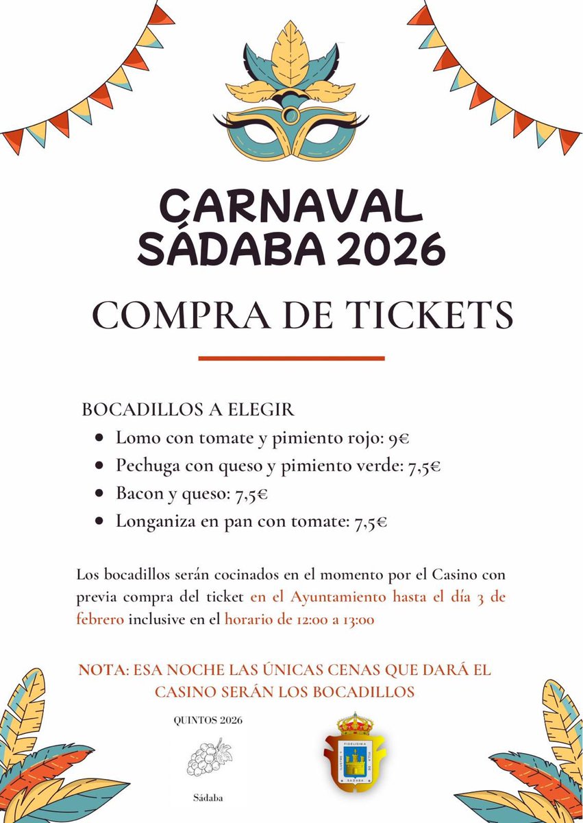 CARNAVAL EN SÁDABA
🥳El 7 de febrero.
😋Para participar en la cena, seguir las instrucciones que aparecen en el cartel adjunto. 
🔵Una cita organizada por el Ayuntamiento de Sádaba, en colaboración con los Quintos 2026.
#carnaval2026
#comarcacincovillas
#sadaba