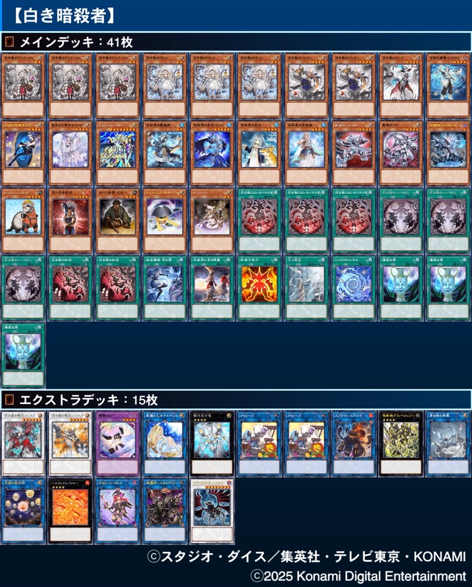 【白き暗殺者】
シンクロキャンセルループによりシルウィアとニシパチを出し入れすると相手モンスターが無限にひっくり返るので、女暗殺者を送りつけて強制リバース効果でデッキデスを狙う。

対戦動画：youtu.be/AeXYwq9K0fg
#ガチネタ