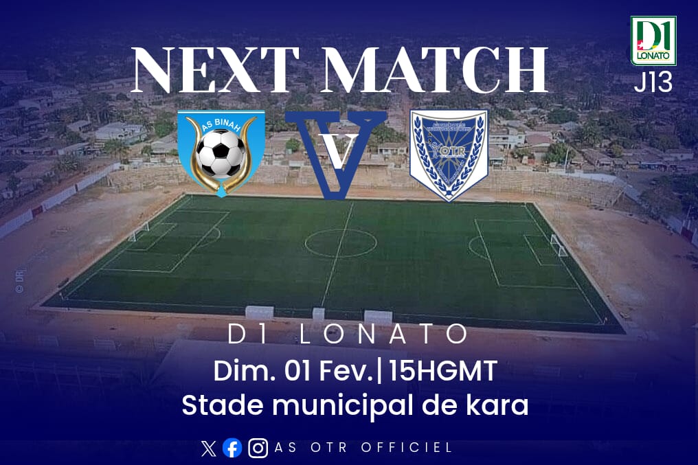 | D𝟏 𝐋O𝐍A𝐓O / J 1𝟑 🇹🇬
📍 Direction  𝑲𝑨𝑹𝑨 pour la 13eme et Ultime Journée de la Phase Aller
🆚 AS BINAH
🗓️ DIM.01.02.2026
⏰ 15H
#BINOTR
#ToujoursDroitaubut 
💛🩵🤍
<a href="/FtfTogolaise/">FTF-Fédération Togolaise de Football</a> 
<a href="/ActuFoot_/">Actu Foot</a>