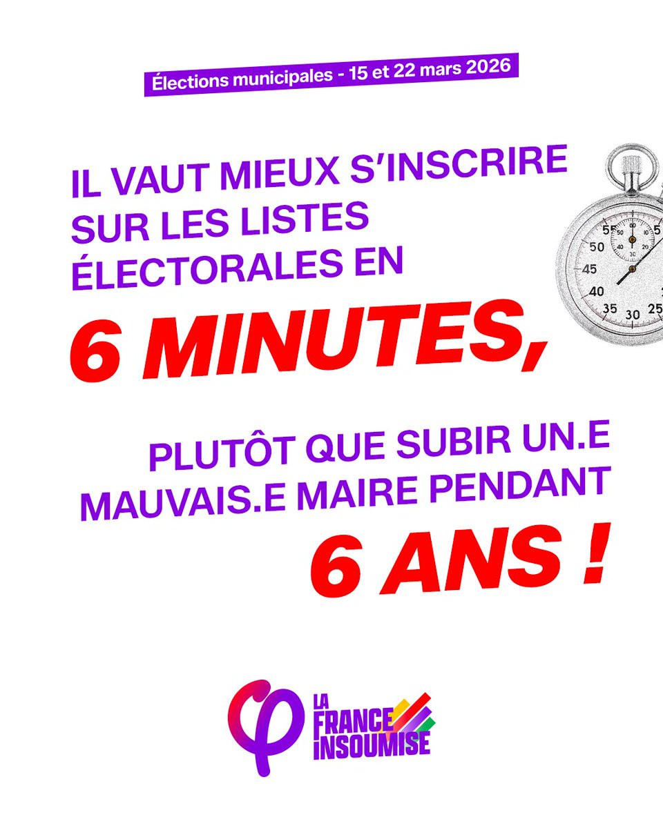🚨 URGENT 

Il y a des millions de personnes mal inscrites ou non inscrites sur les listes électorales en France. 

👉 Pour pouvoir voter les 15 et 22 mars, vérifiez votre inscription sur jevoteilsdegagent.fr. Il vous reste 1 semaine pour vous inscrire !
